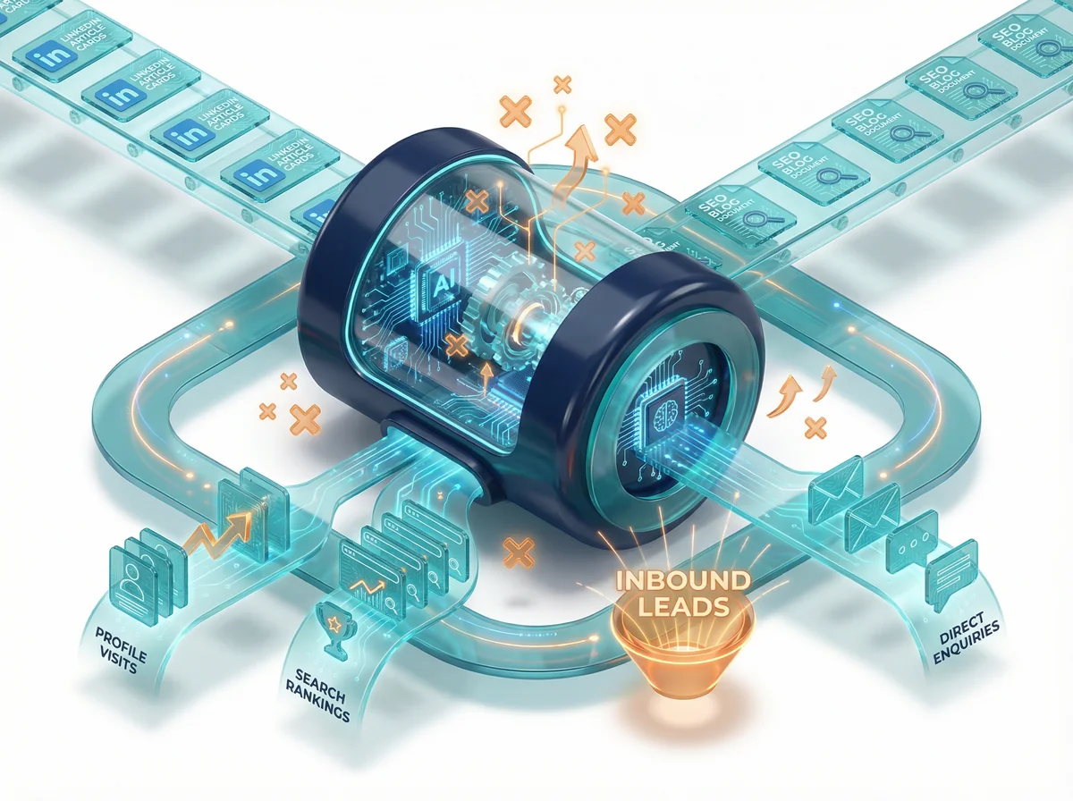 Illustration of the content flywheel: LinkedIn and SEO content turning into inbound leads