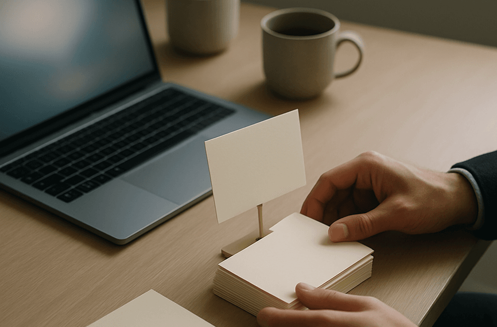 A strategist at a desk selecting one index card from a stack, illustrating the work of an AEO agency