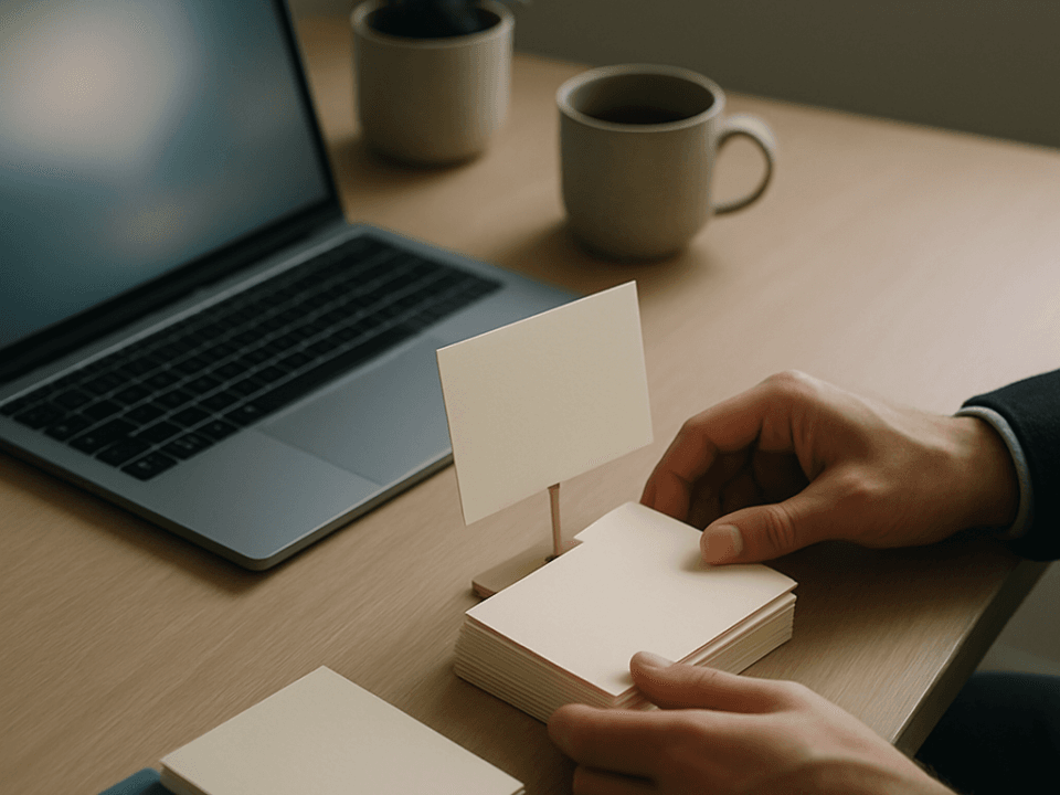 A strategist at a desk selecting one index card from a stack, illustrating the work of an AEO agency